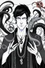 Placeholder: black haired young man necromancer wizard with gothic jewelry and tentacle fingers in the style of Aubrey Beardsley
