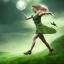 Placeholder: A girl named BilliJo with elegant face flying over a green Scottish field, happy, elegant, surreal, dream, morning light, dewy, forced perspective