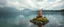 Placeholder: airbrush rendering, mushroom lobster gnome on small island in lake, pinhole cam