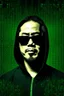 Placeholder: Image that show the bitcoin inventor Satoshi Nakamoto (without glasses, but hidden face) with hacker green matrix background