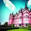 Placeholder: concept art, concept design, realistic, professional photography, ultra high quality, neogothic palace, neo gothic, aesteric, pink walls, pink exterior, glass exterior, english garden around, gardens, plants, trees, volumetric light, photorealistic, high quality, cinematic, sunny, natural blue sky, cozy clouds, green lawn grass, natural pound, retro cars outside,