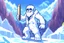 Placeholder: Anime pixel art of a Rookie stage Epi-Yeti, with an adventurous look, wearing a mini lab coat and holding a research scroll, standing atop a pixelated icy hill.