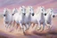 Placeholder: Oil on canvas portrait of seven majestic white horses galloping in a vast, open landscape. They go at full speed, their manes blowing in the breeze. The soft gradient background of pastel pinks and purples creates a serene and dreamy atmosphere. Clear summer weather. The overall effect is one of movement and freedom, capturing the boundless spirit of horses.