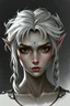 Placeholder: Generate a dungeons and dragons character portrait of the face of a female Shadar-Kai elf. She is a circle of the moon Druid. Her hair is off-white grey in messy pig tails and voluminous. Her skin is grey. Her eyes are black with no sclera.