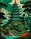 Placeholder: A bluish green tower in a toxic jungle designed in Japanese Oni masks painted by Utagawa Hiroshige