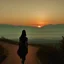 Placeholder: dark night, watching a woman from behind wearing a sleeveless dress who is walking towards a beautiful orange sunrise in the distance, mountains and forests around, photo quality