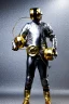 Placeholder: Metallic Cyber-punk style man with camera-mask and old AKG-style headphones with golden rings. Fencing mask covers man's cheeks. Good body shape. Reflective plastic. Body and head full of integrated old-fashioned cameras. Ancient silver telephone attached to perfect body, trunk. Euclidean 3D-tiling, Escher tiling, background. Cables from shoulder, connect. Daft Punk, Tron Matrix movie black leather jacket, tippet. Yellow latex areas in black leather surfaces body. 1990's. Trypophobia, ant