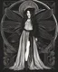 Placeholder: gothic, steampunk delicate mefull-length, young woman dressed like a modern-day witch, with dark hair, outside a shoptal woman, dragonfly, wings, black background