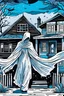 Placeholder: A white-pale ghost leaving a house forever. Nighttime, moonlit, black, white and blue palette