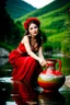 Placeholder: a woman in a red dress holding a vase, creative colorfull - makeup, with professional makeup, hand built ceramics, very very very beautiful face , nice country side with hills ,waterfall over a river with clear water,girls with perfect pretty face in folk costums and a jar, filling their jugs with water and some of them leaving while carring there jugs in there shouldes and 1beautiful girl with jug in shoulder in closeup , very nice mountains at distant, nice clouds in sky ,wide green field with