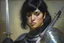 Placeholder: eye covering, female soldier with black hair, a longsword, black armour, 3/4 portrait, Monet style