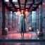 Placeholder: make a picture pretty stage made of metallic blue-gray teme 3d recursive cubic and sphere and cylinder base structures and a beautiful fashion model lady standing with cute in scene with sexy top and pretty pleated midi skirt ,makeup curvy long hair,dynamic camera zoom to full body and pan, dynamic lights.
