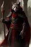 Placeholder: Male khajiit with grey fur and Hazel eyes wearing blood red and black robes in a fantasy setting, sorcerer of death