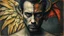 Placeholder: old worn postcard, Portrait Light and darkness in one person, angel and demon in one person, abstract art additional colors small details,