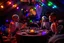 Placeholder: Glowing Halloween skeletons having a tea party in the haunted house attic. Colorful string lights and festive decorations create a spooky magical atmosphere