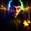 Placeholder: portrait of cursed young priest beauty, wild goblin birthday party on stonebridge background , motion blur, 8k, downlight, soft light, depth of field, photorealism, trending on art station, lotsa detail