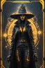 Placeholder: sacred geometry framed playing card, black, yellow and orange neon cyber punk dancer thief in soaked rain coat and cowboy witch hat shadows boss card in the style of Giger and fallout 4 ,,bokeh like f/0.8, tilt-shift lens 8k, high detail, smooth render, down-light, unreal engine