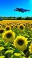 Placeholder: Sunflowers with blue seeds colour and tanks and jet fighters above the field