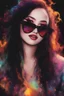 Placeholder: Kiss Me Deadly - Reptilian-skinned - Cat-eye sunglasses - The Flash - Motley Crue - gothic pale-skinned vampire, Painting with fire and multicolored electrified cosmic clouds, by Hoy Tong Lu - Multicolored lightning -a smiling, 18-year-old Countess Elizabeta Dracul, long, straight, black hair, bangs cut straight across the forehead, blue eyes, goth makeup, black leather biker's jacket, bustier, black leather pants, combat boots, black fingerless gloves, sitting on in the forest next to a fire, t