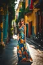 Placeholder: full body shot Young woman, 20 years old, wearing nice fashion dress walk in street,looking to camera soft sunlight accentuating the vibrant hues of her attire, high contrast, candid photo, natural light, ultra realistic