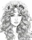 Placeholder: outline art for a gorgeous and sweet lady face, bangs, wavy hair, sunflower in her hair, coloring page, long hair, white background, sketch style, only use outline, clean line art, white background, no shadows and clear and well outlined