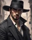 Placeholder: Man He wears Italian gangster clothes He is tall, , has a beautiful face, has brown eyes, and wears a black hat ، He holds a pistol in his hand
