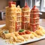 Placeholder: Buildings made out of pasta (with marinara sauce and meatballs)