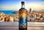 Placeholder: bottle art, ((stepwise colours mosaic texture)) on tall glass bottle painted, stunning , high detailed, sharp focus, in background a mediterrane landscape, old city, photorealistic Professional photography, bokeh, natural lighting, canon lens, shot on dslr 64 megapixels sharp focus