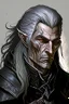 Placeholder: ancient grizzled, gnarled elf mage, he has long, grey hair streaked with black, highly detailed facial features, and sharp cheekbones. His eyes are black. He wears weathered medieval leather clothes. he is lean and tall, with pale skin, full body with thigh high leather boots and has a dark malevolent aura in the comic book style of Bill Sienkiewicz and Jean Giraud Moebius in ink wash and watercolor