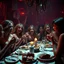 Placeholder: Horror movie shot, spooky, ultra realistic, dine, ultra realistic hot women, party, hot, pieces of meat, organs, ail, dynamic, very excited people, hypermaximalist figures, light, 1970's Italian horror movie, sinister, Dario Argento, Stanley Kubrik, ornate, 4k, photorealism, horror, chaos, party