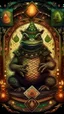 Placeholder: mandala style framed playing card illustration, close up portrait of a happy blessed ancient magical scaly slimy weird Bullywug mad max soldier posing for photo shoot on a throne, holding a burning sceptre, in a space alien mega structure with stairs and bridges woven into a sacred geometry knitted tapestry in the middle of lush magic jungle, bokeh like f/0.8, tilt-shift lens 8k, high detail, smooth render, down-light, unreal engine, prize winning