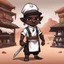 Placeholder: Abdahel is a redguard with dark skin in a buchers outfit which is gray with a white apron and a grey cap, in chibi art style, background desert butcher's shop