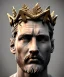 Placeholder: Gran angular, Realistic image, roman sculpture, marble deluxe material, Lionel Messi, gold Laurel leaves crown model, miguel angel style, chisel style, emperador, God light, god rays, 4k resolution, smooth details, ornate details, soft lighting, unreal engine 5, soft cyan background.