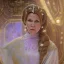 Placeholder: hyperspace background, complete and photo realistic detailed head to waist stunning photo realistic portrait of carrie fisher as Princess Leia in star wars with photo realistic updo hair by Mandy Jurgens and mucha and Richard Schmid and chuck close and chie yoshii, extraordinary and detailed ceremony dress of star wars,brown eyes