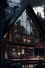 Placeholder: 10k hyper realistic detailed luxury modern Cabin rustic design house with glass paneling and low hanging lights and pitched roof, living room, night