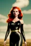 Placeholder: retro portrait image from 1960, sky background, wind, long red hair, fighting stance, sweet young Scarlett Johansson, black dress, classic long tight lycra black suit, gold bracelet and belt, high heel boots, superhero style, soft color, highly detailed, unreal engine 5, ray tracing, RTX, lumen lighting, ultra detail, volumetric lighting, 3d, finely drawn, high definition, high resolution.