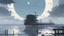 Placeholder: giant half transparent moon, glitchy, blurry, mechanical, sci-fi, maximum quality, centered on frame, far view, seaside, white sky with cumulonimbus, anime, makoto shinkai style, japanese pier, rusty, decrepit, foggy, black and white