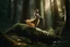 Placeholder: figure of a girl in the shape of a fairy, levitating on a trunk, in a very lush forest, cinematographic image