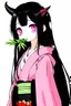 Placeholder: Cute Japanese girl, with pink eyes, a only horn on left side of head, dressed in her pink kimono and a black haori, black long hair with reddish tips, a piece of bamboo covering her mouth, drawing manga style, vibrant colors, in a manga book cover