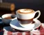 Placeholder: Cappuccino art microfoam in white mug saucer Crawford plaid napkin Demitasse