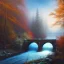 Placeholder: spray painted fantasy art, book illustration,the stairs of a bridge or dam in magical forest,autumn icy water, on the bridge,evening, hawk eye view