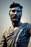 Placeholder: Ultra Realistic image, roman sculpture, Calacatta marble material, Lionel Messi, gold Laurel wreath, Renaissance style, miguel angel David style, chisel style, emperor, waist up portrait, epic, celestial, cinematic lighting, God light, god rays, 4k resolution, smooth details, ornate details, vibrant color, unreal engine 5, blue background.