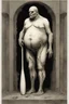Placeholder: The full body of a fat man holding a bat , all in white color, decayed and rotting with grotesque proportions and imagery. surreal horror, biomechanical design, by hr giger and beksinski