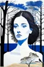 Placeholder: maria Lassing -Euan Uglow inspired, mixed media. painting acrylic, oil, black & white drawing simple landscape background, trees, mixed media, collage, 3/4 woman, bird nest hair, birds, crow, blue,