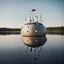 Placeholder: one large detailed NATO space craft , hatches and antennas , portholes , on a wide lake on a summers evening, Sweden , luminescent ,35 mm focal length