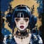 Placeholder: Poster in two gradually, a one side malevolent goth vampire girl face and other side the Singer Melanie Martinez face, painting by Yoji Shinkawa, darkblue and gold tones,