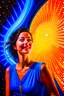 Placeholder: awake inside a dream game show, woman smiling online in the style of a master italian painter, spray paint, photo realism, trending on art station, 8k, depth of field, down light, light rays, volumetric, reflective spiral staircase, blue, yellow, golden brown and orange