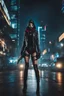 Placeholder: Full body,Half-cyborg demon female cyberpunk assassin wearing a metal mask, black jacket,walk in night city background