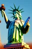 Placeholder: up-close digital image of the statue of liberty, covered in graffiti , holding a cellphone and taking a selfie while smiling,a Louis Vuitton bag over shoulder, standing alone In a deserted desert