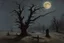 Placeholder: dry trees, night, moon, dark gothic horror movies influence, disturbing, bernard van beek and alfred munnings impressionism paintings